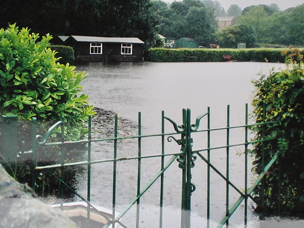 A green gate in a hedgerow and a structure in the background partially submerged in water.